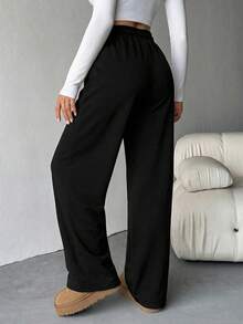 SHEIN Tall Quần nỉ nữ dáng rộng, cạp chun, kiểu dáng thường ngày, thích hợp cho mùa hè, công sở, lễ tốt nghiệp, đi học, dành cho nữ giáo viên. - màu đen - Xem 2