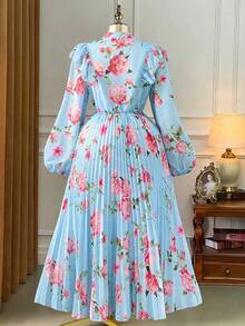 Rometta 大码女士浪漫印花约会之夜优雅雪纺褶皱长袖连衣裙，腰部系带 - 淺藍色 - 查看 2