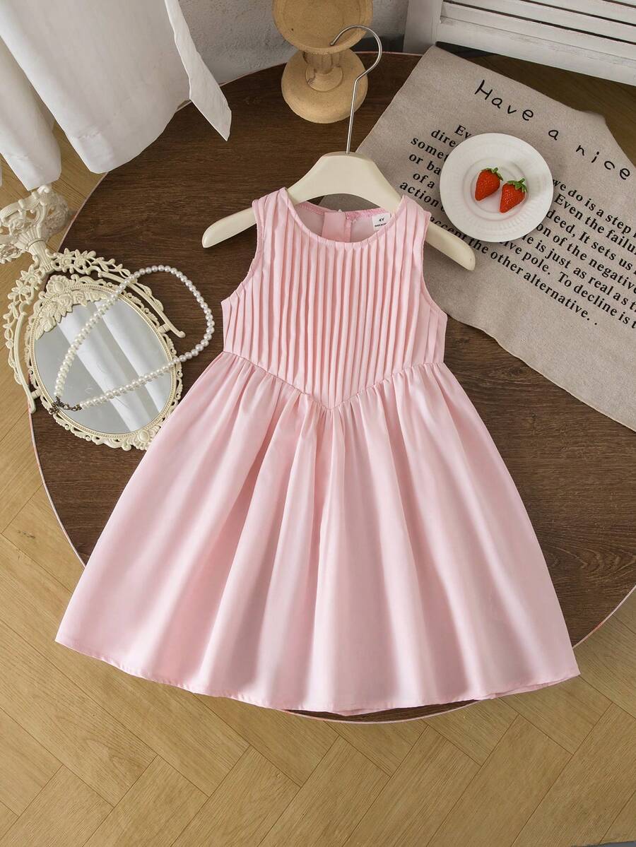 SHEIN Elladie kids Young Girl Minimalist Casual Fashionable Versatile Pleated Sleeveless Dress - Baby Pink - View 1