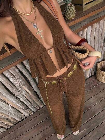 SHEIN EZwear 棕色网纱吊带上衣和裤子套装（女士款）