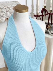 Franclia Early Spring New Romantic Valentine's Day Vibe V-Neck Halter Tie Waist Bodycon Dress With 3D Floral Pattern And Ruffle Hem, Backless - Baby Blue - View 7