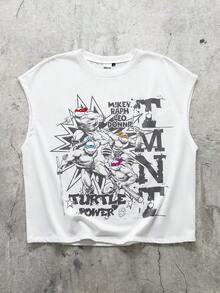 TEENAGE MUTANT NINJA TURTLES | SHEIN Áo tank top nam cổ tròn màu trắng, in chữ và hoạt hình, kiểu dáng thường ngày. - trắng - Xem 1