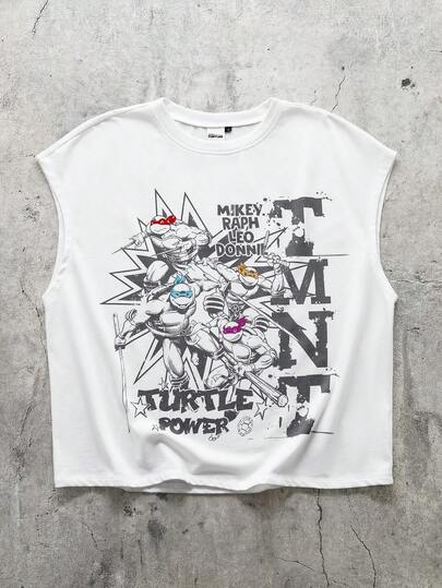 TEENAGE MUTANT NINJA TURTLES | SHEIN Men's Letter & Cartoon Print Round Neck Casual White Tank Top