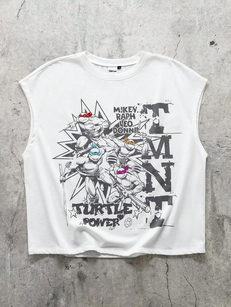TEENAGE MUTANT NINJA TURTLES | SHEIN Áo tank top nam cổ tròn màu trắng, in chữ và hoạt hình, kiểu dáng thường ngày. - trắng - Xem 1