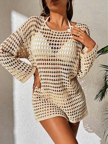 SHEIN Swim 女士春夏性感沙滩度假纯色开襟针织宽松蝙蝠袖罩衫连衣裙 - 米色 - 查看 3