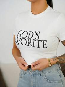 SAYEHFBABY 字母印花修身短款T恤 夏季必备 GOD'S FAVORITE - 白色 - 查看 3
