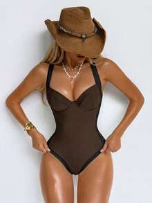 Shapewave Áo tắm liền thân nữ kiểm soát vùng bụng, phối màu nâu và be, có đường may bên hông, nâng ngực, giúp thon gọn vóc dáng. - Cà phê nâu - Xem 7