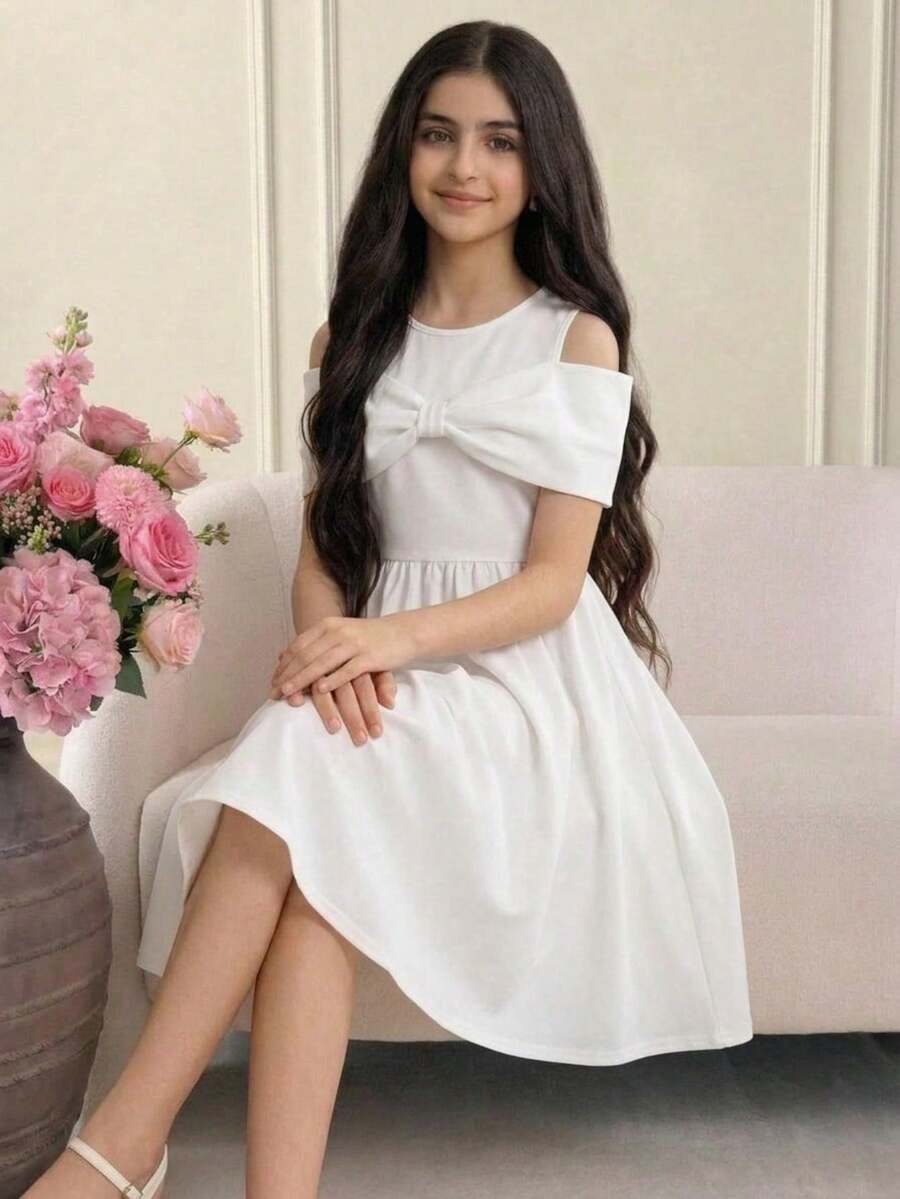 少女优雅露肩圆领蝴蝶结连衣裙 - 白色 - 查看 1