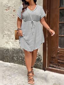 SHEIN CURVE+ Plus Size Women's Striped Waist Cinching Elastic Knit Fabric Summer Vacation Dress - Black and White - View 6