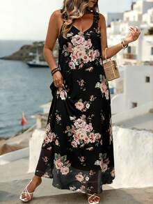 EMERY ROSE Plus Size Spring/Summer Floral Print Maxi Dress, Elegant Romantic Floral Pattern, Sleeveless Chiffon Lining - Black - View 1
