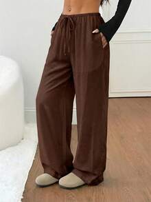 SHEIN PETITE Women's Black Solid Linen Low-Waist Straight-Leg Casual Pants, Suitable For Short Stature, Summer & Autumn - Coffee Brown - View 3