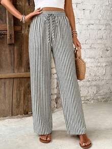 SHEIN Frenchy Quần ống đứng kẻ sọc dáng thường ngày dành cho nữ, 16% cotton, trang phục thường ngày cho nữ. - Nhiều màu - Xem 4