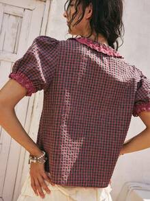 SoleilVie 宽松休闲衬衫，荷叶边领口，复古纽扣装饰，轻松舒适，波西米亚风，花朵泡泡袖，复古格子图案 - 紫羅蘭色 - 查看 3