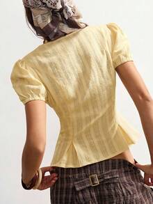 SHEIN BohoFeels 休闲纯色编织拼接蕾丝边短袖女式衬衫 - 鵝黃色 - 查看 8