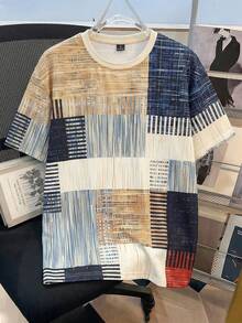 Manfinity Joysei Men's Casual Patchwork Color Round Neck Short Sleeve T-Shirt, Versatile For Daily Wear - Khaki - View 1