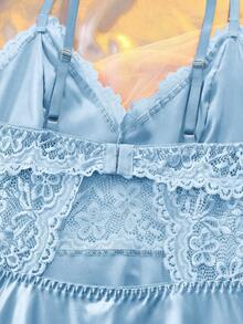DelicateAllure Sexy Backless Lace Hollow-Out Patchwork Satin Slip Dress For Women - Baby Blue - View 5
