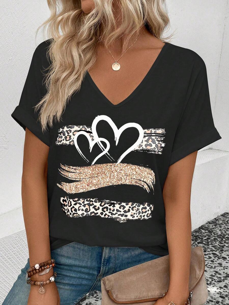 SHEIN 女士休闲复古黑色V领荷叶边袖口短袖爱心豹纹印花基础百搭T恤 - 黑色 - 查看 1