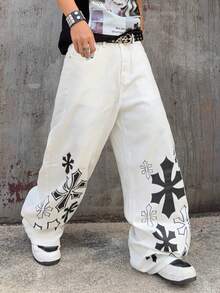 Manfinity EMRG Men's Contrast Color Print Casual Wide Leg Jeans - White - View 6