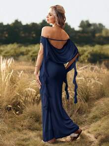 SHEIN Cherish Maternity Solid Color Off-Shoulder Backless Maxi Dress, Maternity Photography Gown - Navy - View 2