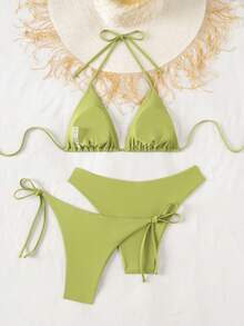 Swim Basics 3pcs Women's Minimalist Solid Color Backless Tie-Front Halter Bikini Set, Suitable For Beach & Holiday - Olive Green - View 2
