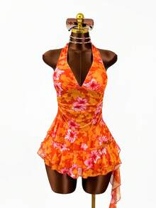Vaytide Nuevo vestido de verano de ajuste ceñido con volantes multicapa y estampado de plantas tropicales semitransparente, vestido de playa sexy con espalda descubierta y ajuste estilizante, conjunto de traje de baño de 2 piezas con shorts para mujer - Multicolor - Ver 5