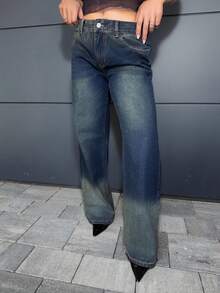 Jeta Ari 女士直筒宽松休闲口袋牛仔裤，百搭 - 深色水洗藍 - 查看 3