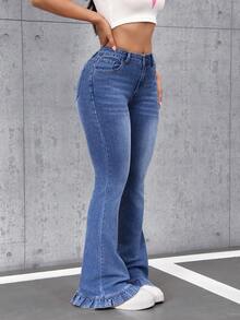 SHEIN Tall 女士高腰口袋休闲百搭喇叭牛仔裤 - 中等水洗藍 - 查看 3