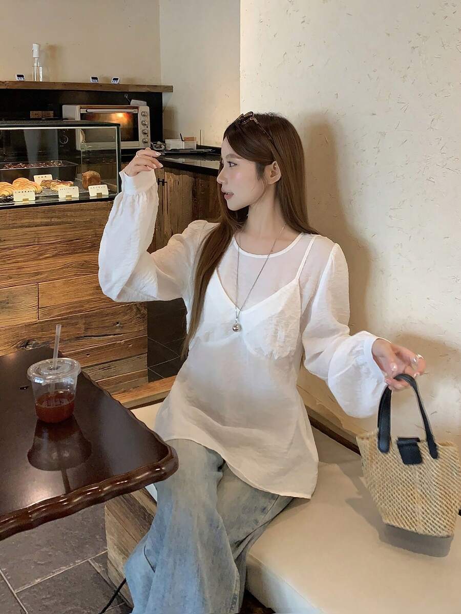 DAZY 韩版女士优雅长袖衬衫 - 白色 - 查看 1