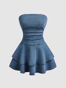 SHEIN MOD 女士纯色休闲无袖牛仔连衣裙 - 淺色水洗藍 - 查看 1