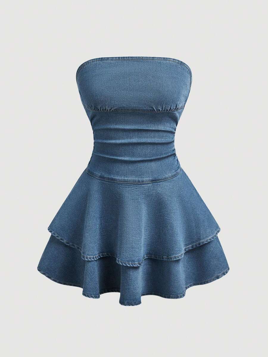 SHEIN MOD 女士纯色休闲无袖牛仔连衣裙 - 淺色水洗藍 - 查看 1