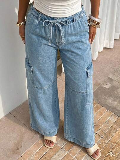 Sunnyshic Quần jeans ống rộng kiểu cargo dành cho nữ cỡ lớn, cạp cao có thắt lưng, kiểu dáng thời trang, ống suông rộng.