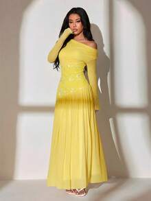 SHEIN PETITE 新款单肩长袖撞色网纱刺绣不对称下摆拼接超长高弹修身连衣裙，优雅浪漫 - 黃色 - 查看 5