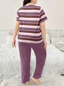 Contrast Color Striped Print Short Sleeve & Long Pants Plus Size Pajama Set - Mauve Purple - View 2