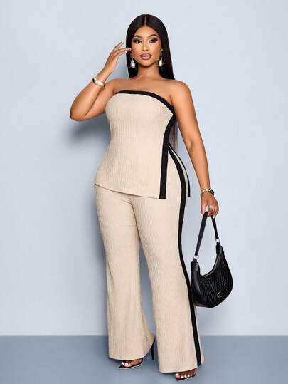 SOLERSUN Women's Elegant Tropical Vacation Apricot & Black Contrast Knit Asymmetric Hem Tube Top Contrast And Color Block Flared Pants Two Pieces Set , Resort Days & Vacation Date Nights,High Elasticity Fabric Contouring Body, Suitable For Dates, Gatherings, Parties, Clubs, Nightlife