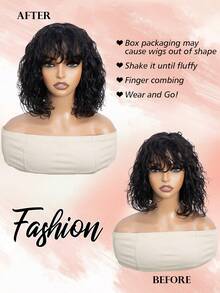 Density Pro 波浪卷波波头假发，带刘海，真人发，佩戴方便，短款水波纹波波头刘海假发，无需胶水，蓬松卷曲波浪波波头假发，带刘海，10-12英寸，自然黑色，无蕾丝，机织真人发假发，轻松佩戴，巴西原生雷米发假发 - Natural Black - 查看 6