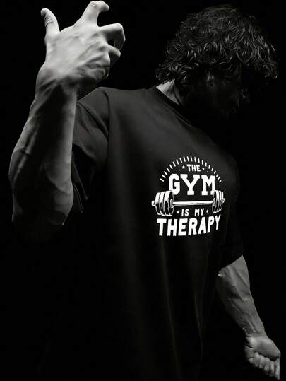 RISE LYT 男士哑铃字母印花圆领短袖运动T恤，适合健身房穿着，舒适透气吸湿，男士压缩衣