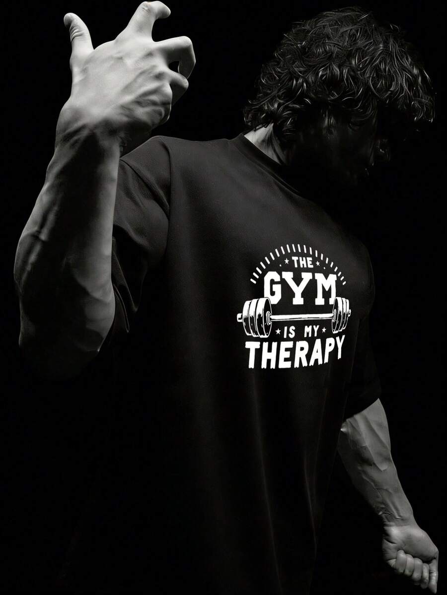 RISE LYT 男士哑铃字母印花圆领短袖运动T恤,适合健身房穿着,舒适透气吸湿,男士压缩衣 - 黑色 - 查看 1