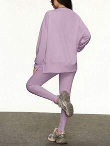 INAWLY Women's Solid Color Round Neck Long Sleeve Top And Leggings Casual 2 Pieces Set - Purple - View 2