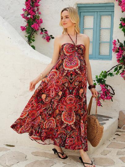 SHEIN 夏季休闲无袖孕妇连衣裙，喇叭下摆