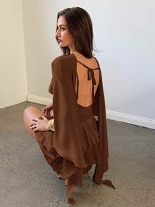 Aloruh Đầm slip màu cà phê trơn mới dành cho nữ, kèm khăn choàng có thể tháo rời, kiểu dáng gợi cảm, dễ thương, cổ điển, lãng mạn, thích hợp cho buổi hẹn hò. - Cà phê - Xem 7