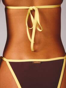 Aralina 3 Piece Shine Binding Bikini Summer Spring Swim Vacation Beach Triangle Spot Mesh Maxi Sexy Three Piece Set Chocolate - Brown - View 5