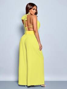 SOLERSUN Women's Light Green Chiffon Halter Neck Vest & Wide-Leg Pants 2 Pieces Set,Summer Tropical Holiday Vacation Holiday Suit For Music Festival Concert - Yellow - View 2