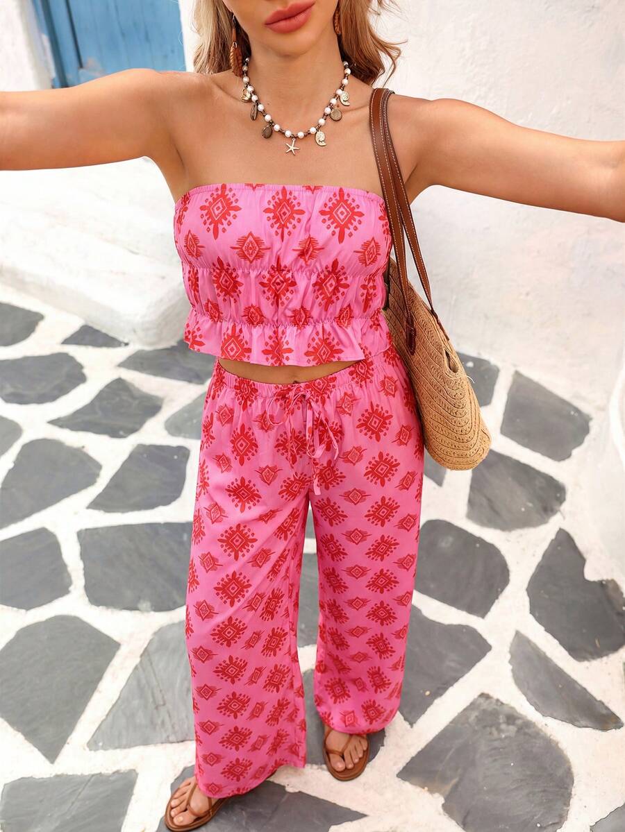 Vivid Eden Bohemian Style Printed Strapless Top And Wide Leg Pants 2 Pieces Set, Casual Vacation Outfit For Spring/Summer - Pink - View 1