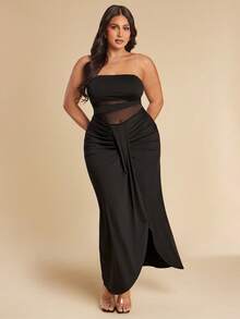 SHEIN BAE Große Größen Damen Schwarzes Mesh Patchwork Kleid - Schwarz - Übersicht 6