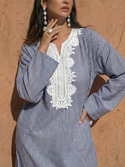 Al Najma Đầm dài tay kiểu Ả Rập dành cho nữ, in họa tiết sọc, cổ chữ V, phối ren.