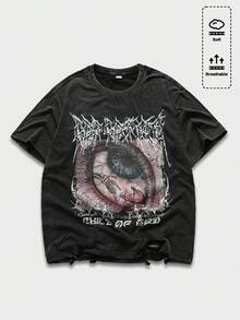 ROMWE MEN Street Life 青少年男孩字母和眼镜图案圆领短袖街头风T恤 - 黑色 - 查看 1