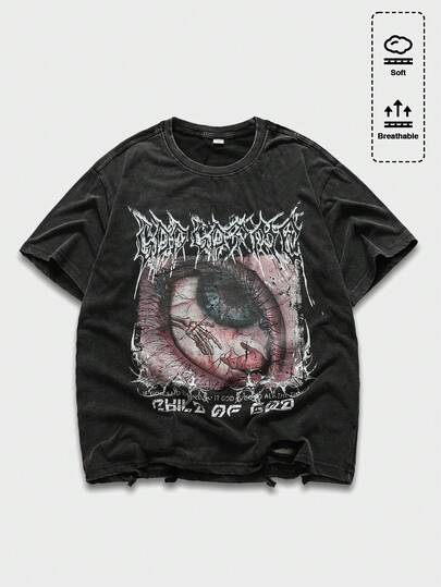 ROMWE MEN Street Life Teen Boy Letter & Glasses Graphic Round Neck Short Sleeve Streetwear T-Shirt