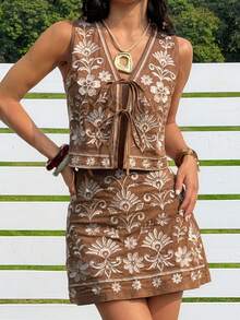 SHEIN EZwear Women's Summer Music Festival Bohemian Floral Embroidery Tie Front Sleeveless Top And Skirt 2-Piece Set - Camel - View 3