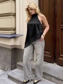 Dripcurv 大码女式缎面蕾丝吊带背心，优雅真丝缎面不对称蕾丝拼接上衣，Y2K蕾丝边饰无袖真丝衬衫，时尚露背短款上衣，宽松休闲吊带衫，夏季婚礼宾客派对晚装 - 白色 - 查看 5