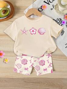 女童贝壳和海星印花短袖T恤和短裤套装 - 彩色 - 查看 3
